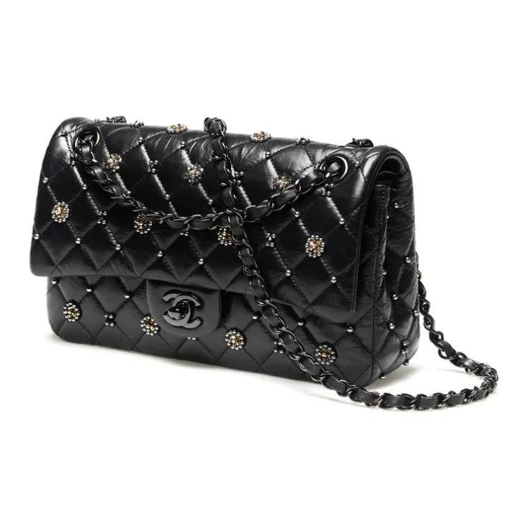 CHANEL Classic Flap CF Shiny Pattern Calfskin With Crystal Crossbody Bag Women's Black-1