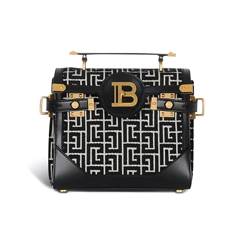 BALMAIN B-BUZZ Calfskin Jacquard Shoulder Bag Crossbody Bag Handbag Women's Black-0