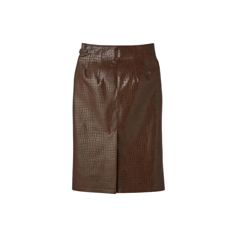 RECTO FW24 LEONA CROCODILE EFFECT SLIT SKIRT Casual Long Skirts Women's BROWN/Brown-1