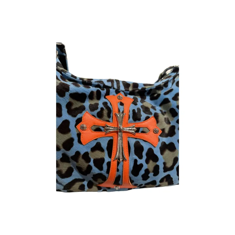 Chrome Hearts Leather Trim Portable Crossbody Bag Shoulder Bag Women's Blue Leopard Print-4
