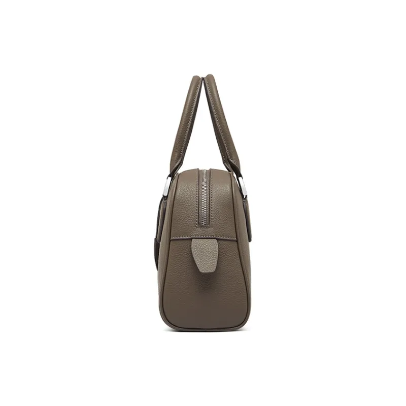 Carnival Keep Top Grain Cow Leather Bowling Bag Shoulder Bag Handbag Regular Women's Khaki/Black/Coffee-2