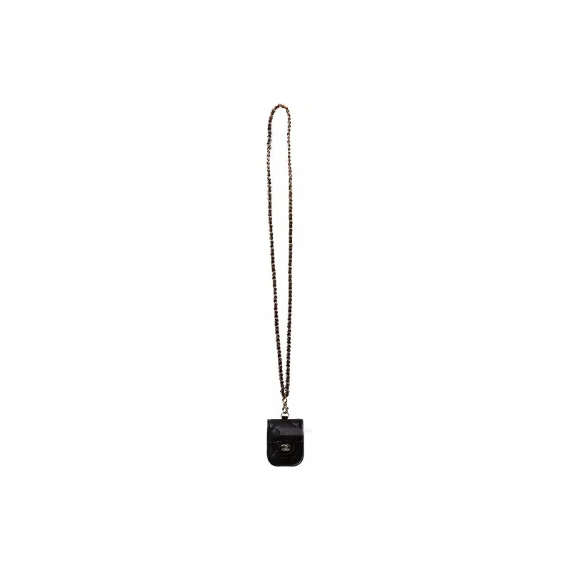 CHANEL Caviar Grain Embossed Shiny Calfskin With Gold Metal AirPods Headphone Case, Clutch, Crossbody Bag Women's Black-4