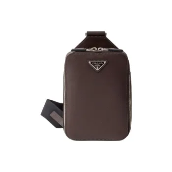 PRADA Brique Leather Sling Bag Men's Coffee
