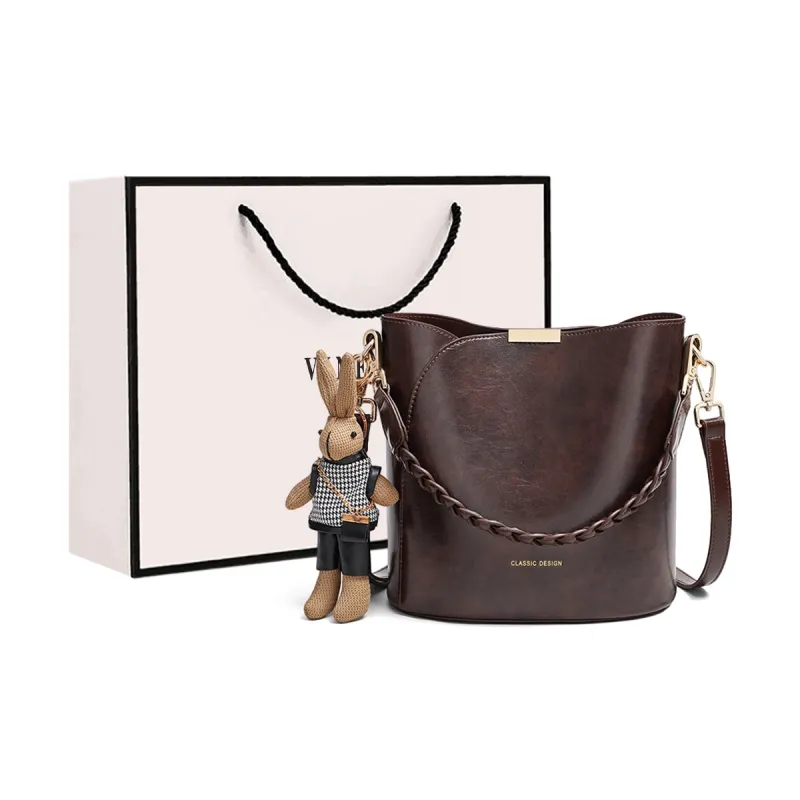 VINEY Cow Leather Shoulder Bag Crossbody Bag Bucket Bag Handbag Regular Women's Coffee/Black-0
