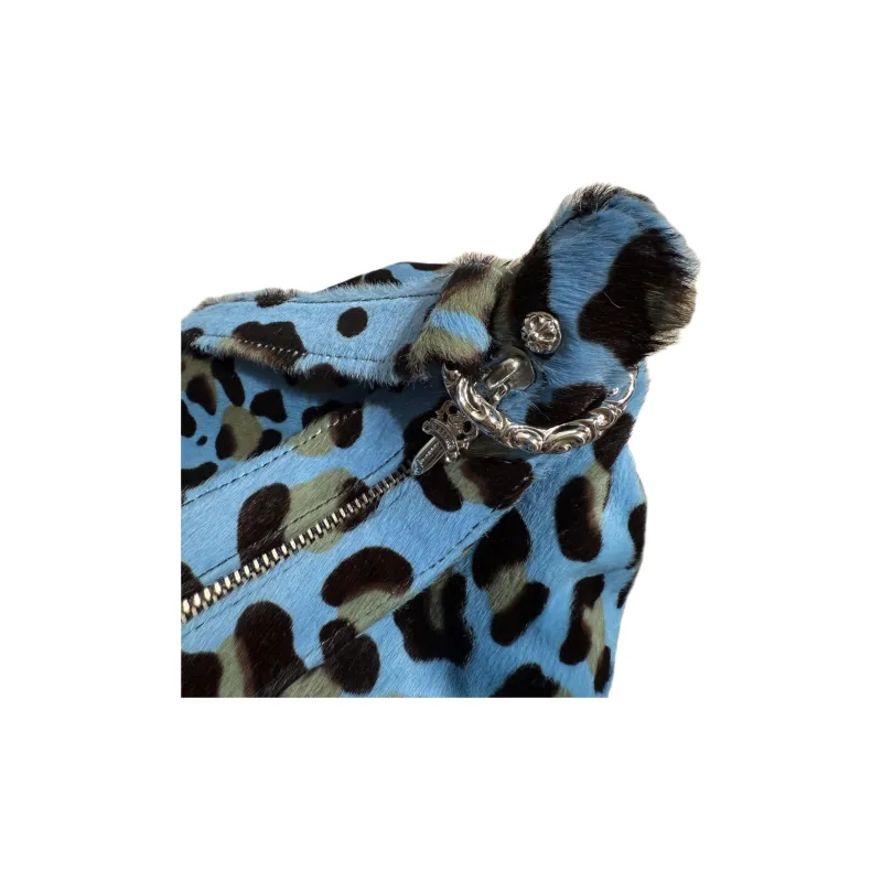 Chrome Hearts Leather Trim Portable Crossbody Bag Shoulder Bag Women's Blue Leopard Print-3
