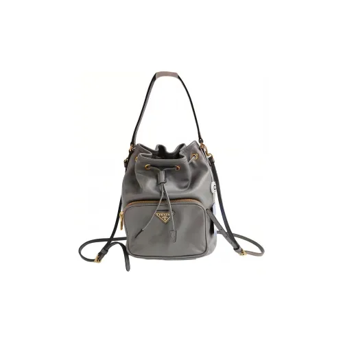 PRADA Re-Nylon Leather Bucket Bag Crossbody Handbag Shoulder Bag Women's Gray