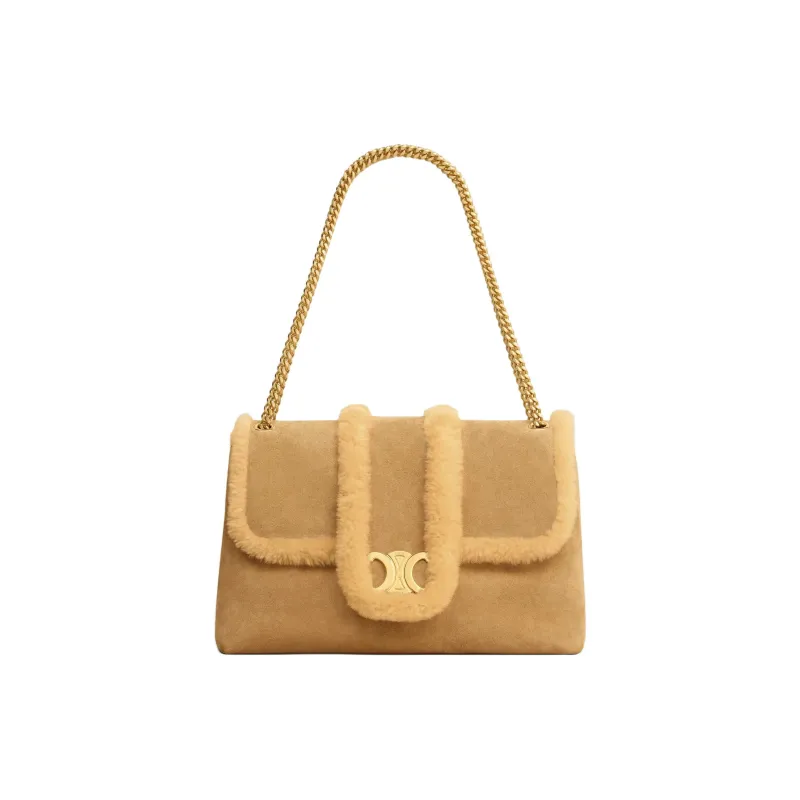 CELINE Suede Calfskin Shoulder Bag, Crossbody Bag Large Size Women's Natural-1