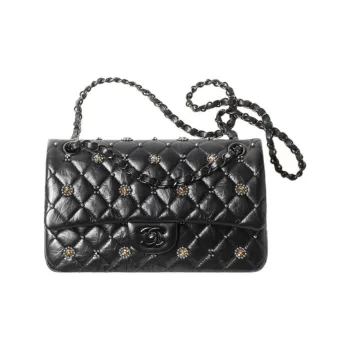 CHANEL Classic Flap CF Shiny Textured Calfskin With Crystal Crossbody Bag Regular Women's Black