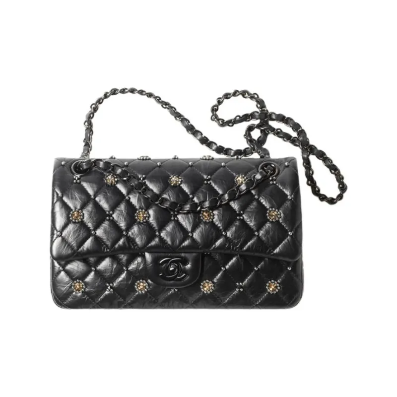CHANEL Classic Flap CF Shiny Pattern Calfskin With Crystal Crossbody Bag Women's Black-0