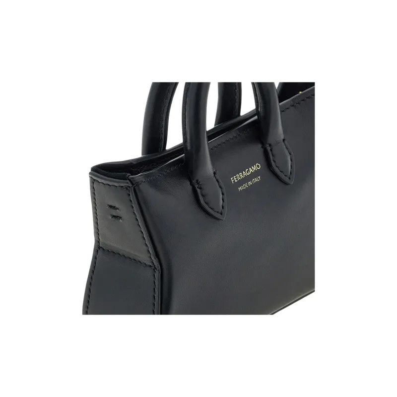 FERRAGAMO Cow Leather Tote Bag Shopping Bag Handbag Shoulder Bag Mini Women's Black-4