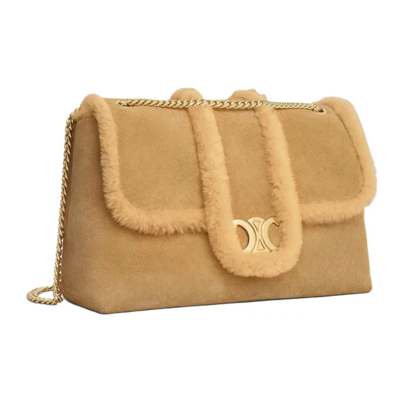 CELINE Suede Calfskin Shoulder Bag, Crossbody Bag Large Size Women's Natural-2