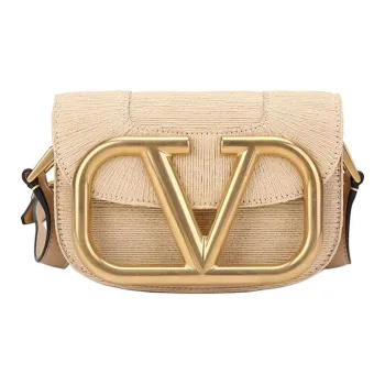 Valentino Woven Synthetic Raffia Fiber With Leather Crossbody Bag, Shoulder Bag Women's Natural