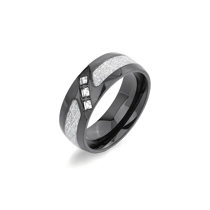 ENFANTIN Zircon Titanium Steel Rings Unisex Silver/Black-4