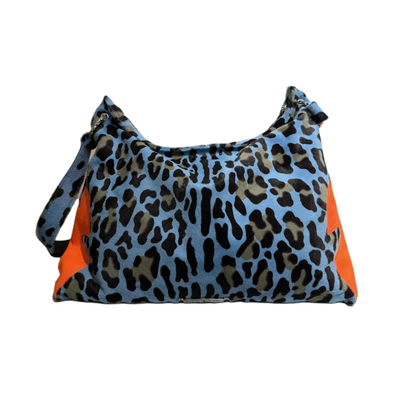 Chrome Hearts Leather Trim Portable Crossbody Bag Shoulder Bag Women's Blue Leopard Print-1