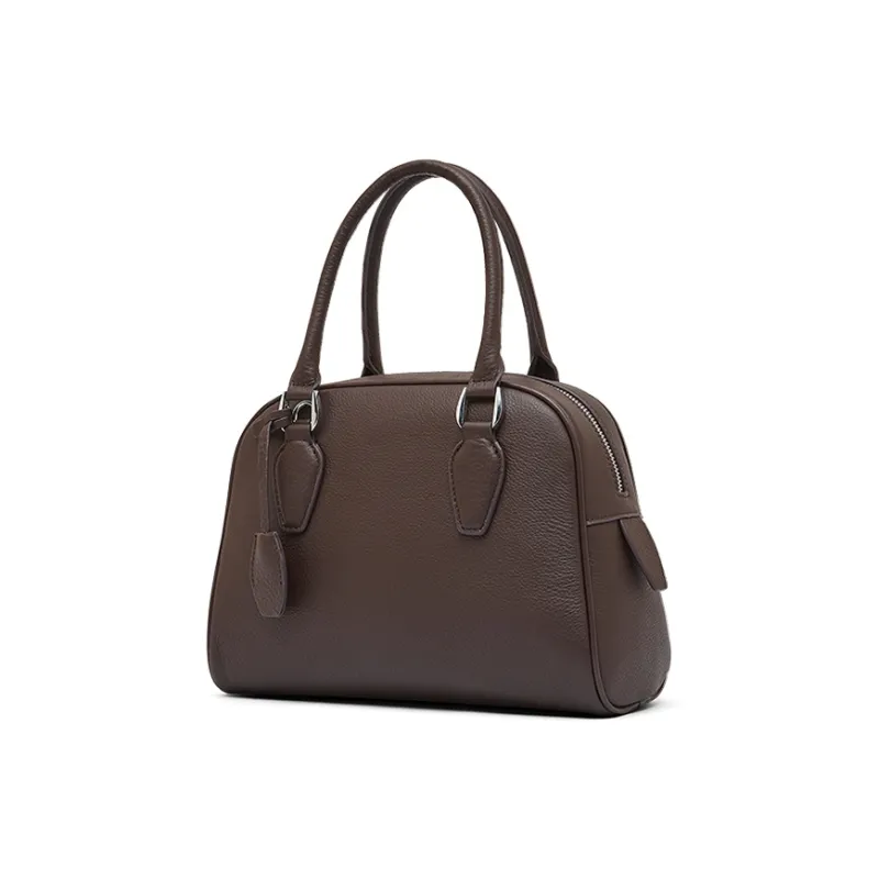 Carnival Keep Top Grain Cow Leather Bowling Bag Shoulder Bag Handbag Regular Women's Khaki/Black/Coffee-12