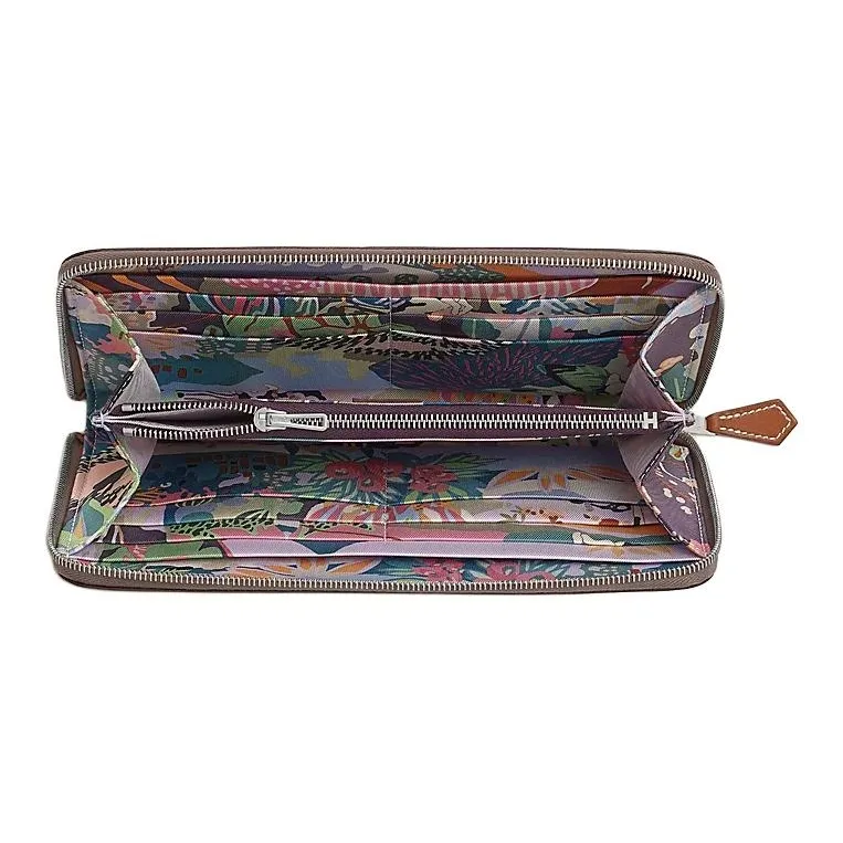 HERMES Silk'In Epsom With Barenia Calfskin Wallet Women's Silk Cord Color In Black & Chestnut With Green Accents-1