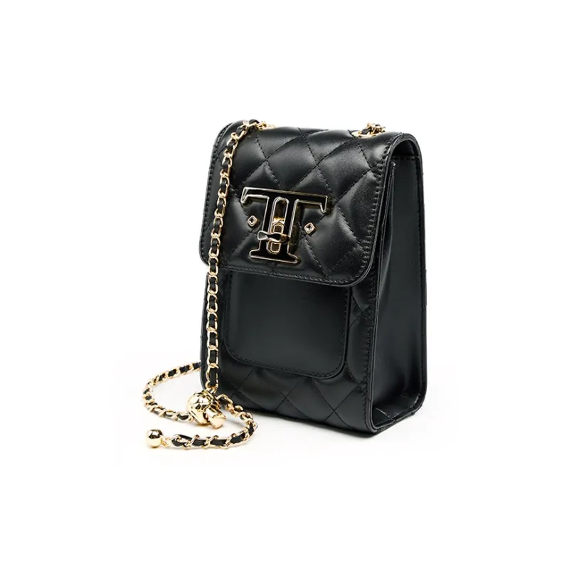Carnival Keep Top Grain Cow Leather Cell Phone Pouch Crossbody Bags Shoulder Bags Small Size Women's Black/White-1