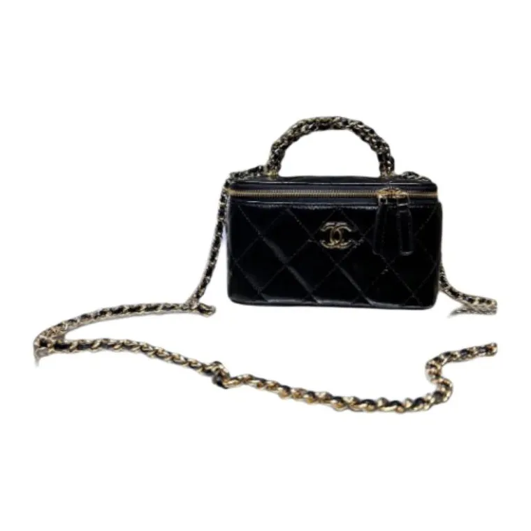 CHANEL Shiny Lambskin Makeup Bag Box Bag Handbag Women's Black-1