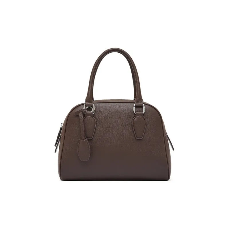 Carnival Keep Top Grain Cow Leather Bowling Bag Shoulder Bag Handbag Regular Women's Khaki/Black/Coffee-11
