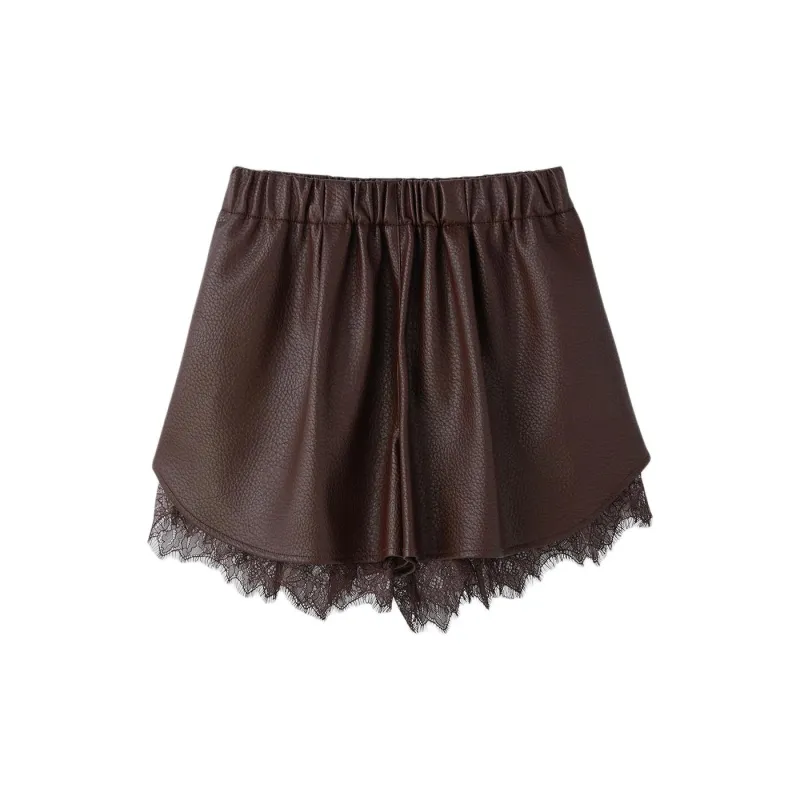 RECTO FW24 GRETA FAUX LEATHER LACE TRIMMING SHORTS Casual Shorts Women's DARK BROWN/Dark Brown-1