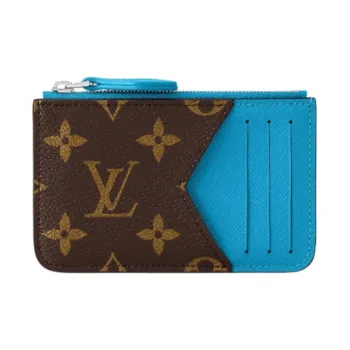 LOUIS VUITTON Leather Trim Card Holder Men's Blue & Brown