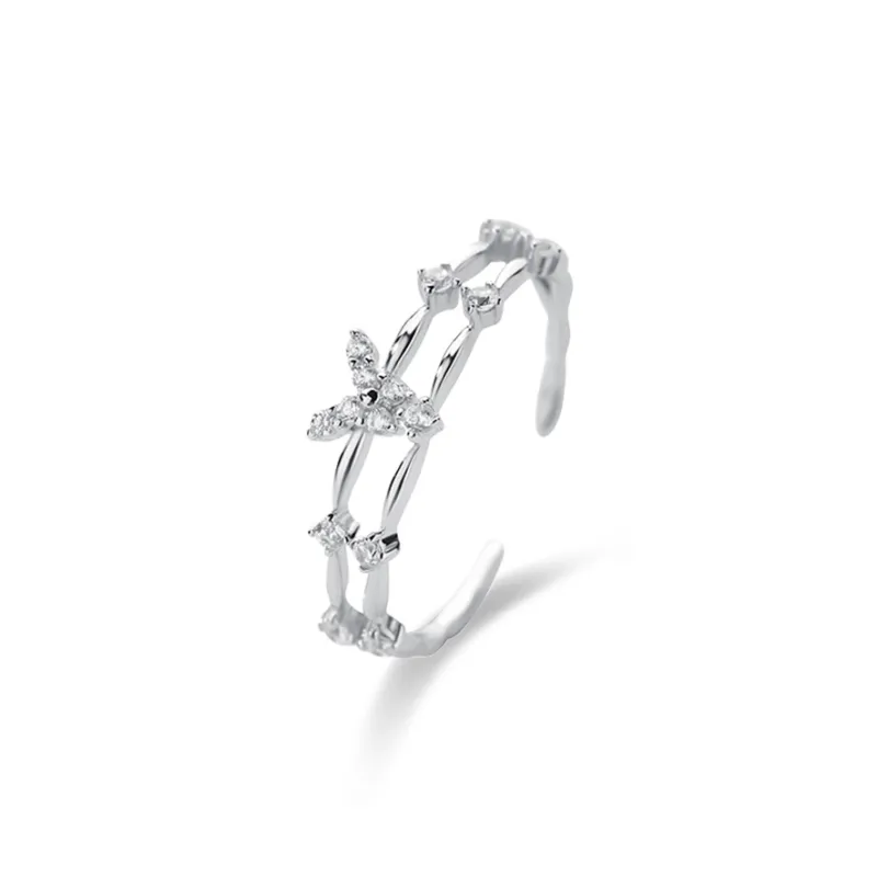 WANLIACC S925 Silver Double Layer Butterfly Ring Women's-0