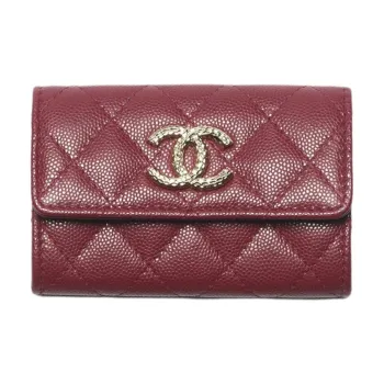 CHANEL Grain Embossed Shiny Caviar Calfskin Card Holder Women's Burgundy