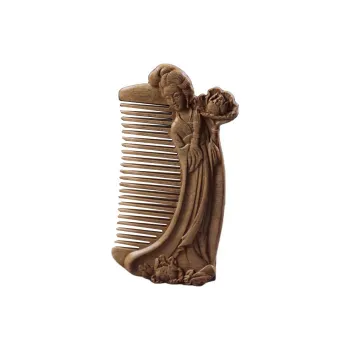 XIBI Golden Phoebe Zhennan Carving Lady Offering Flowers Pattern Wooden Comb Massage Scalp Hair Growth