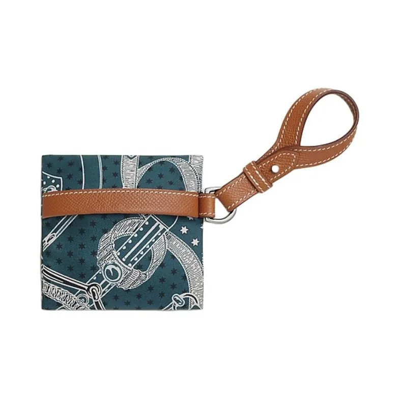 HERMES Silk With Calfskin Coin Purse Small Size Women's Prussian Blue With Gold Accents-0