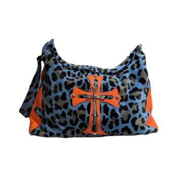 Chrome Hearts Leather Trim Portable Crossbody Bag Shoulder Bag Women's Blue Leopard Print