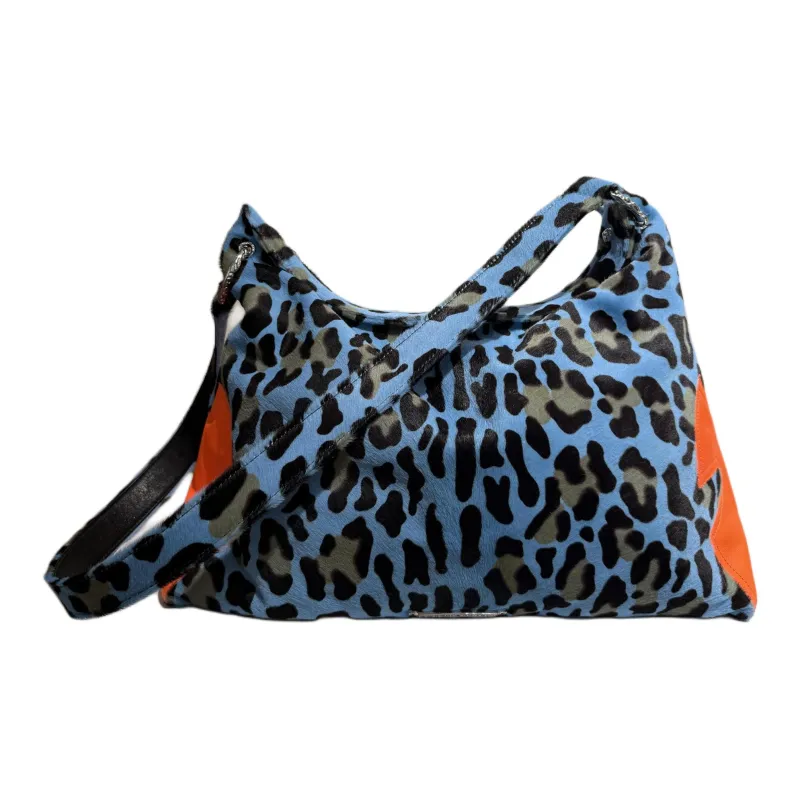 Chrome Hearts Leather Trim Portable Crossbody Bag Shoulder Bag Women's Blue Leopard Print-2