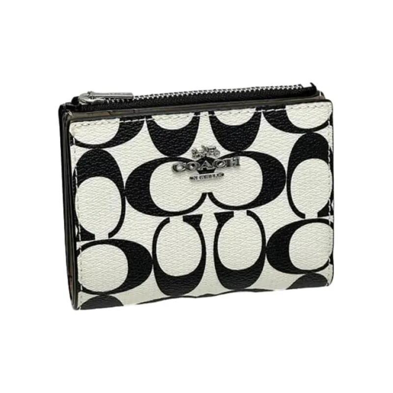 COACH Canvas With Leather Clutch Coin Purse Wallet Unisex Chalk & Black-1