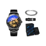 Obsidian Black, Steel Band[Trendy Box+Genuine Leather Strap+Cuban Bracelet]
