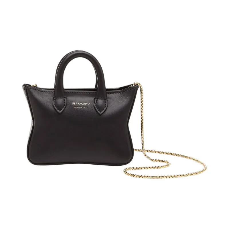 FERRAGAMO Cow Leather Tote Bag Shopping Bag Handbag Shoulder Bag Mini Women's Black-2