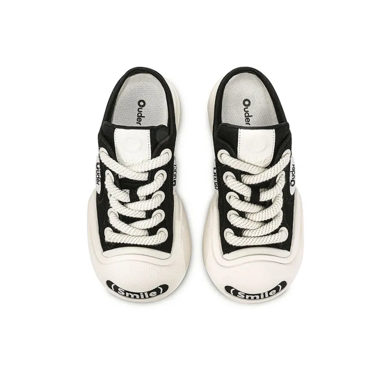Ouder Smiler Laughs Series Anti Slip Wear Resistant Canvas Shoes Women's Black White-3