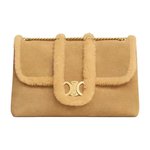 CELINE Suede Calfskin Shoulder Bag, Crossbody Bag Large Size Women's Natural