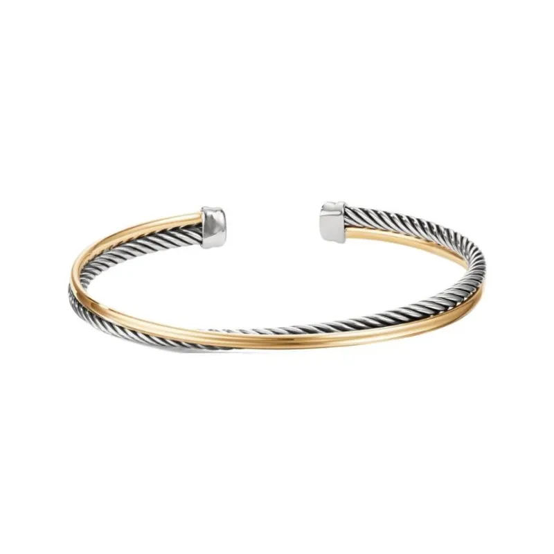 David Yurman 18kt Yellow Gold And Sterling Silver Crossover Two Row Cuff Bracelet 5mm-0