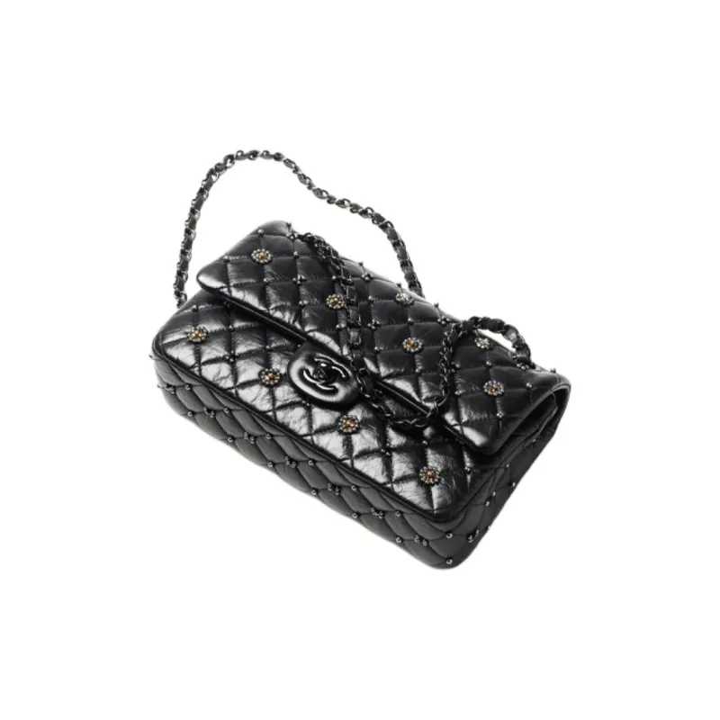 CHANEL Classic Flap CF Shiny Pattern Calfskin With Crystal Crossbody Bag Women's Black-2