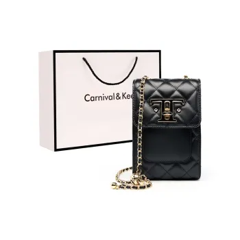 Carnival Keep Top Grain Cow Leather Cell Phone Pouch Crossbody Bags Shoulder Bags Small Size Women's Black/White
