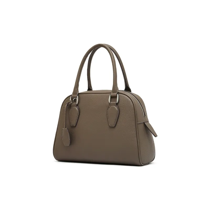 Carnival Keep Top Grain Cow Leather Bowling Bag Shoulder Bag Handbag Regular Women's Khaki/Black/Coffee-1