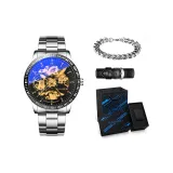 Silver, Steel Band[Trendy Box+Genuine Leather Strap+Cuban Bracelet]