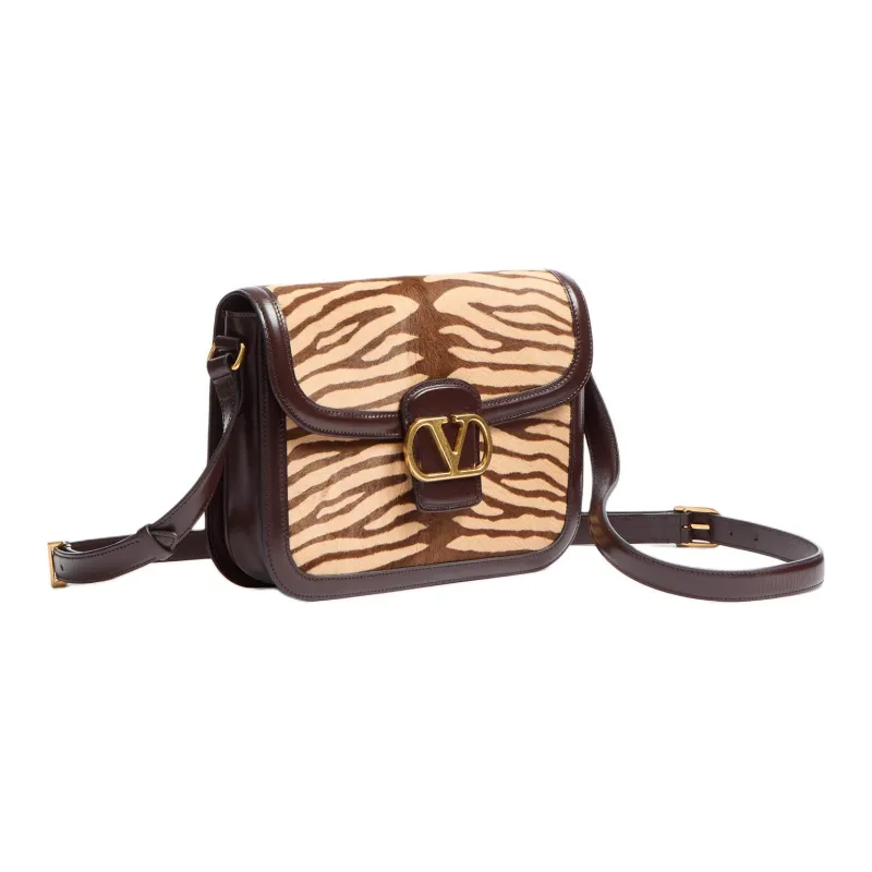 Valentino Tiger Print With Leather Shoulder Bag, Crossbody Bag Women's Beige & Dark Brown-1