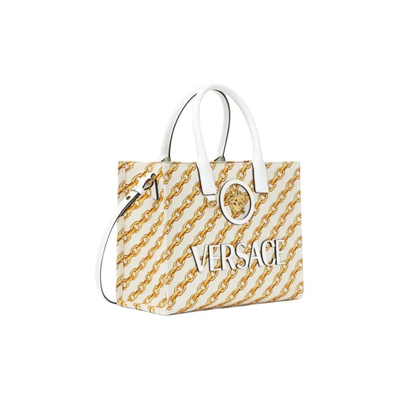 VERSACE La Medusa Cotton Tote Bag Shopping Bag Handbag Small Size Women's Gold & White-1