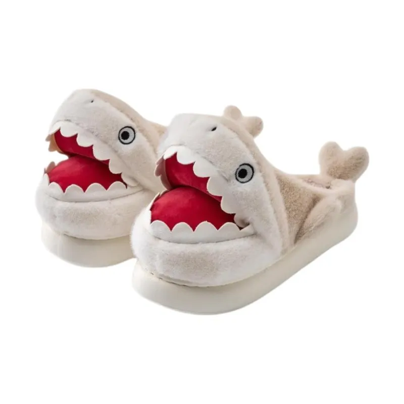 Yu Pu Cartoon Shark Cotton Slippers Winter Indoor Mules Fleece Lined Warm Home Padded Shoes-4