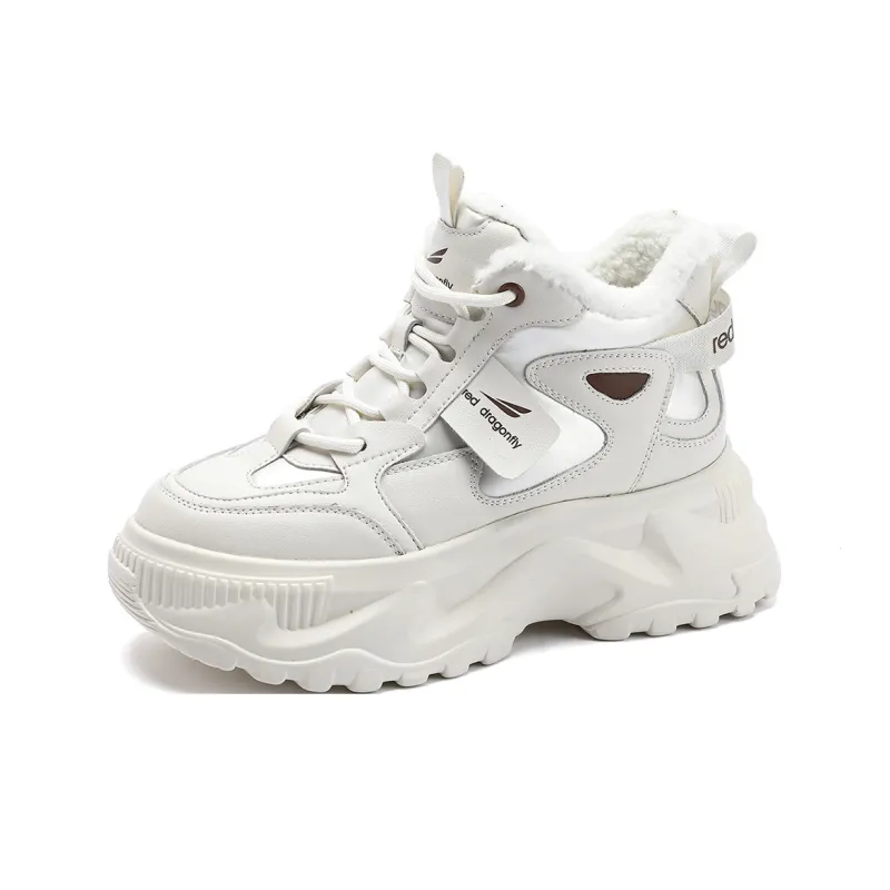 RED DRAGONFLY Platform Shoes Warm Height Increasing High-Top Casual Shoes Women's Ecru Black-0