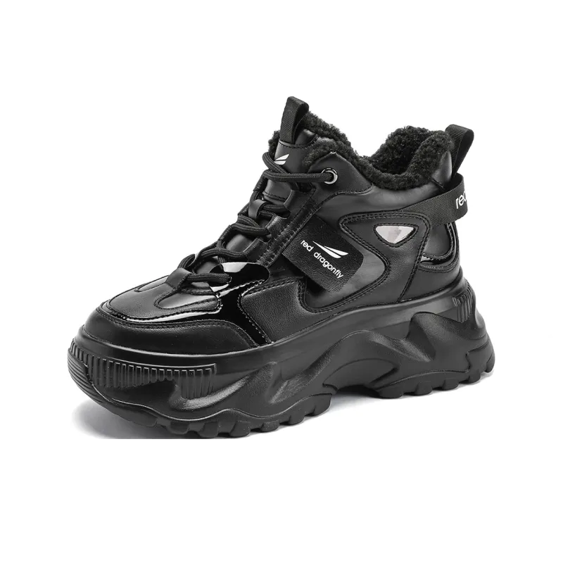 RED DRAGONFLY Platform Shoes Warm Height Increasing High-Top Casual Shoes Women's Ecru Black-5