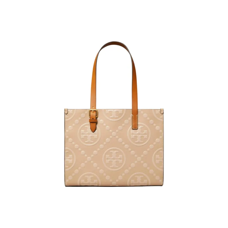 TORY BURCH T Monogram Embossed Leather Tote Bag, Shopping Bag, Shoulder Bag, Handbag Trumpets Women's Light Peach-0
