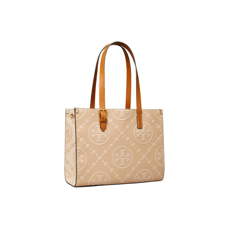 TORY BURCH T Monogram Embossed Leather Tote Bag, Shopping Bag, Shoulder Bag, Handbag Trumpets Women's Light Peach-1