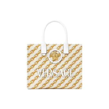 VERSACE La Medusa Cotton Tote Bag Shopping Bag Handbag Small Size Women's Gold & White