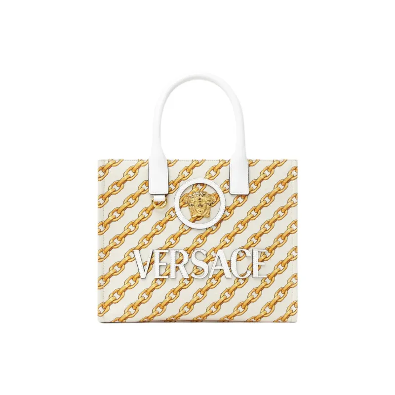 VERSACE La Medusa Cotton Tote Bag Shopping Bag Handbag Small Size Women's Gold & White-0